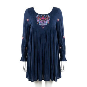 Free People Dress Womens Small Black Mohave Embroidered Mini Long Sleeve Boho